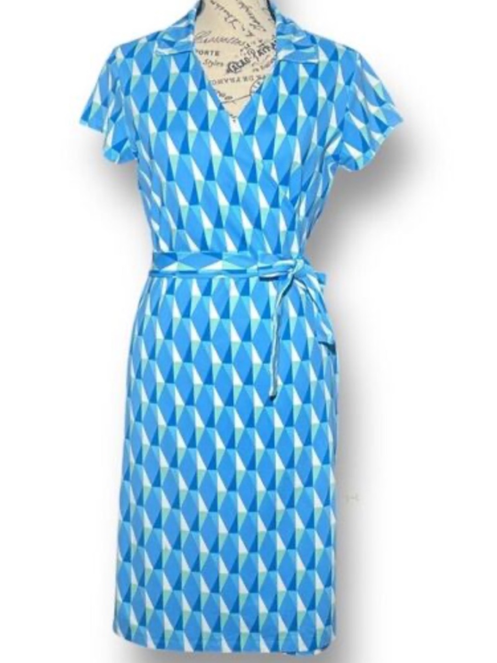 J.McLaughlin Lila Catalina Wrap Blue Geometric Diamond Block Dress, size Small